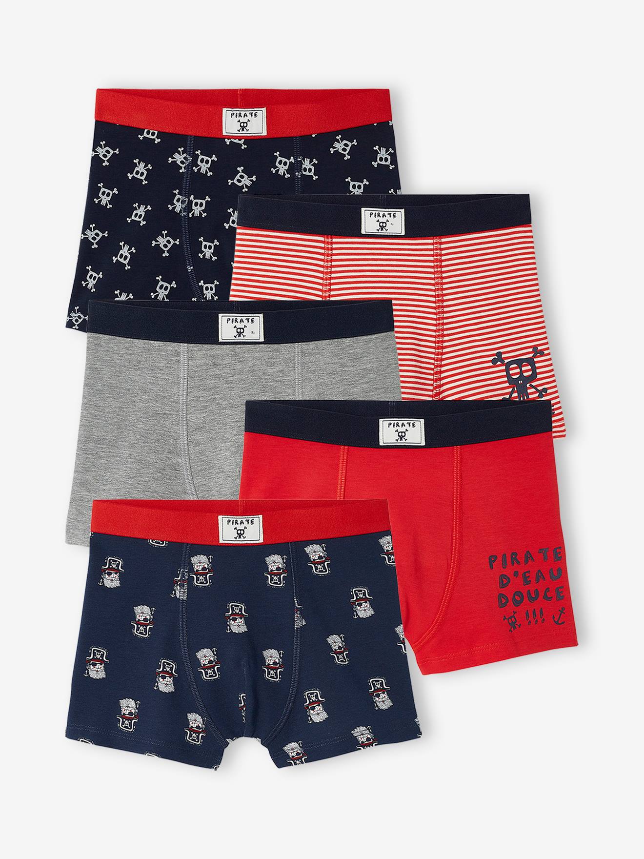 Pack of 5 Pairs of Stretch "Pirates" Boxer Shorts for Boys blue dark all over printed