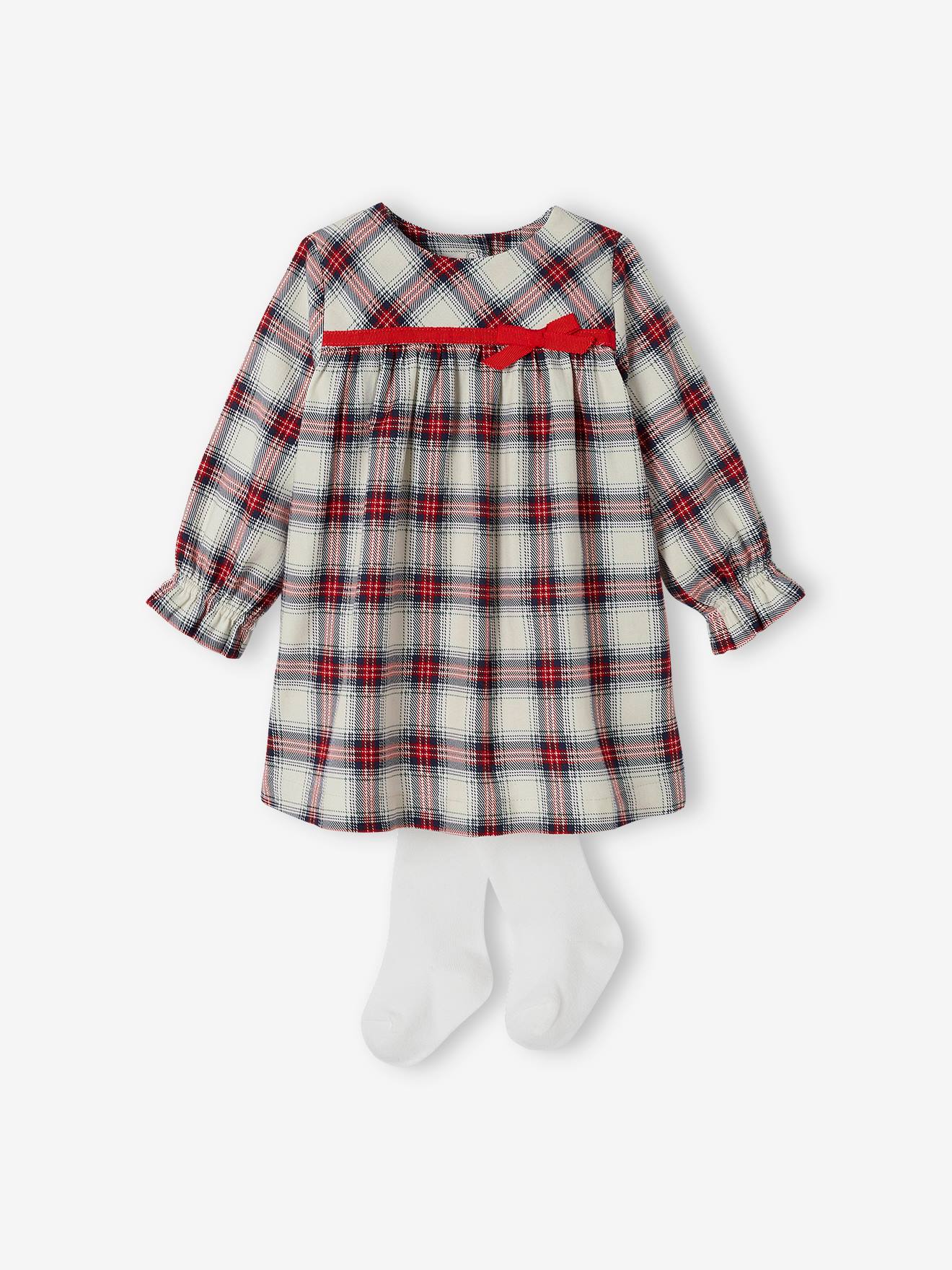 Chequered Dress & Matching Tights for Babies ecru