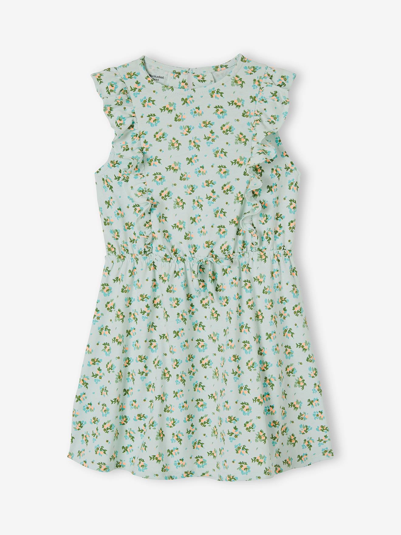 Printed Dress with Ruffles for Girls sky blue