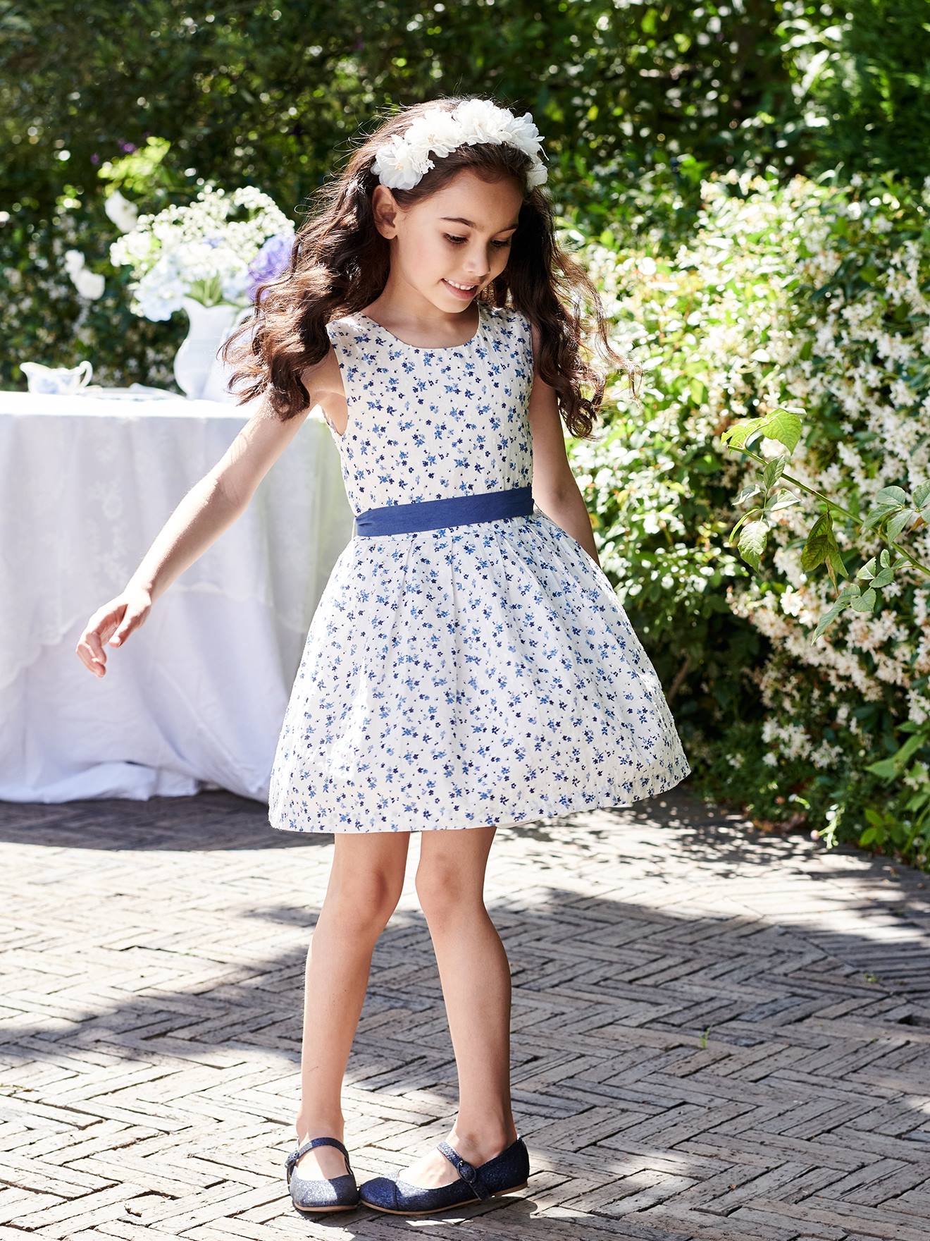 Occasionwear Floral Dress in Plumetis with Belt that Ties on the Back for Girls ecru