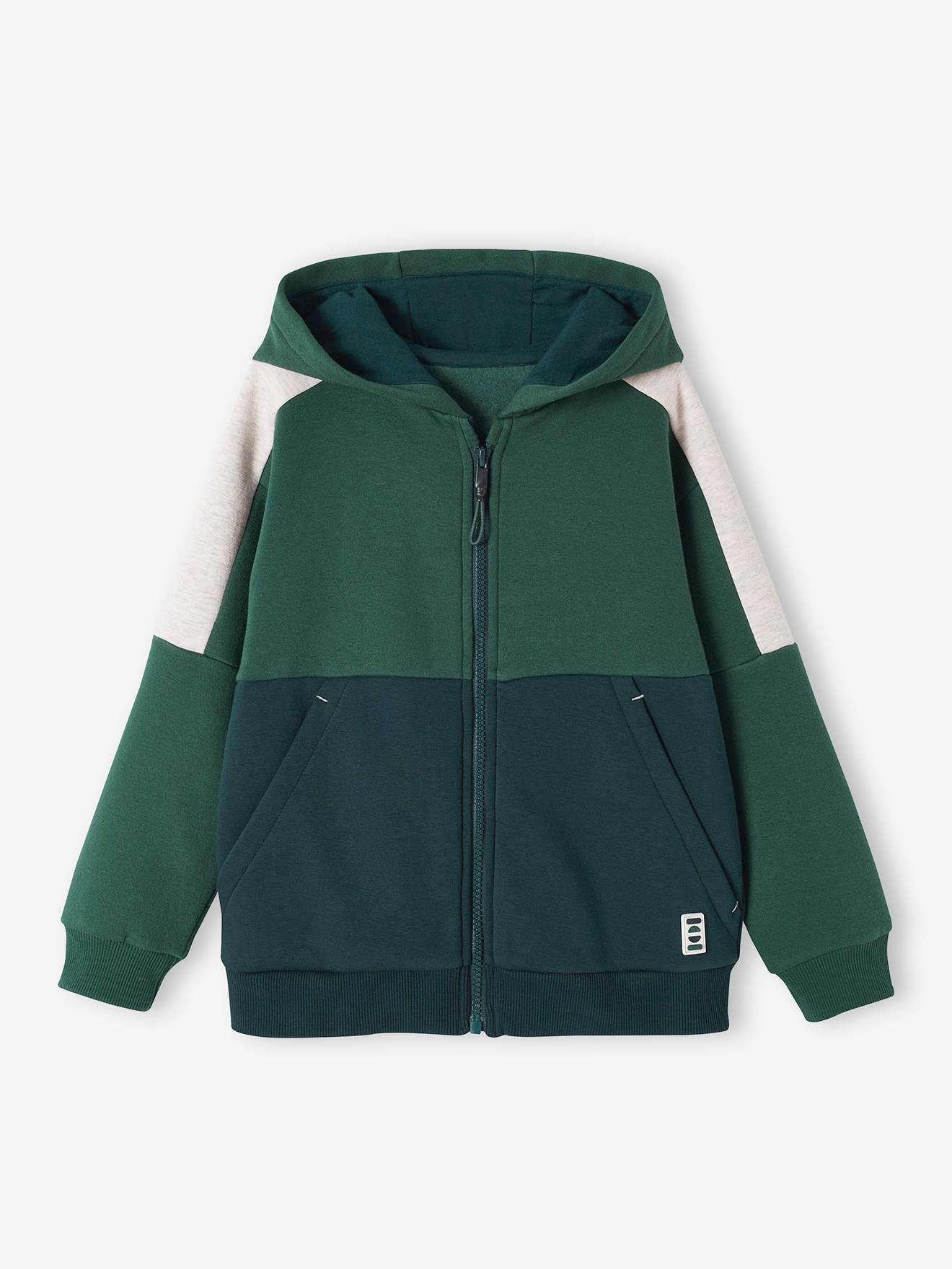 Sports Jacket with Zip & Hood, Colourblock Effect, for Boys fir green