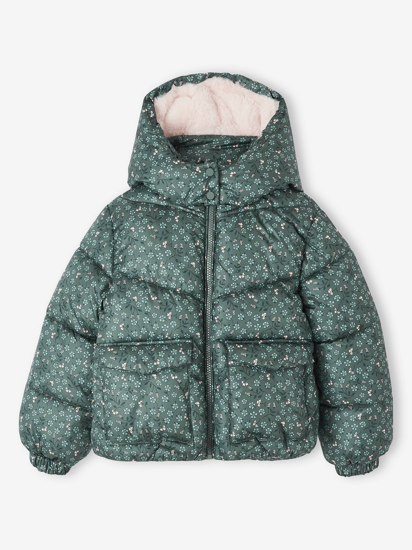 Printed Jacket with Hood & Polar Fleece Lining for Girls printed green