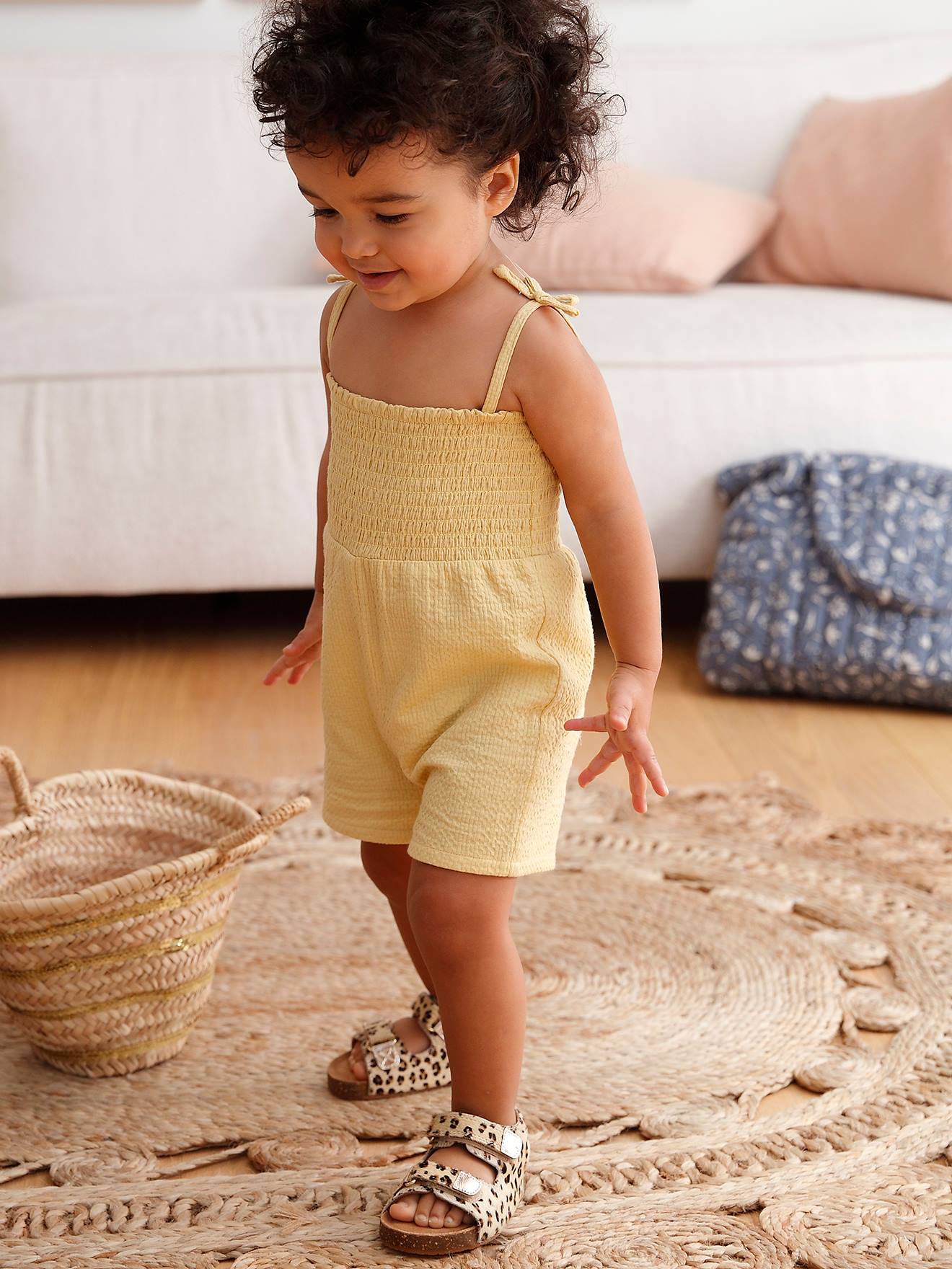 Smocked Jumpsuit with Straps for Babies pale yellow