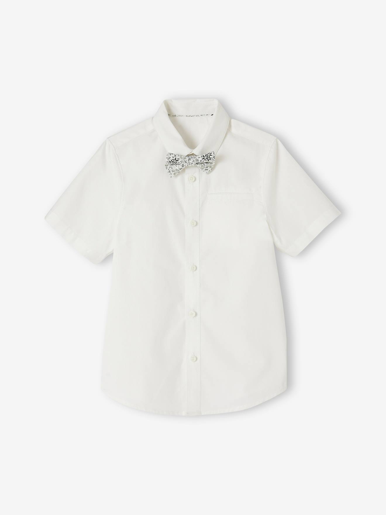 Occasion Wear Shirt, Detachable Bow-Tie, Short Sleeves, for Boys white