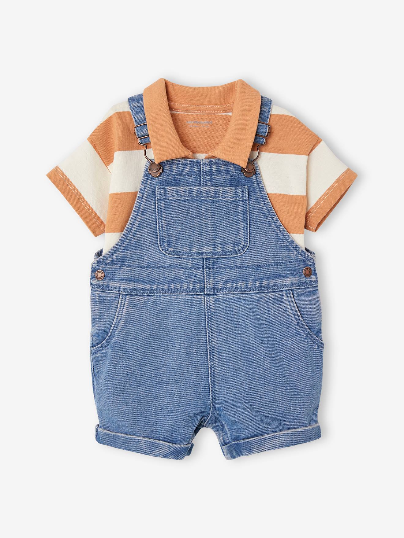 Denim Dungaree Shorts & Striped Polo Shirt Combo for Babies peach