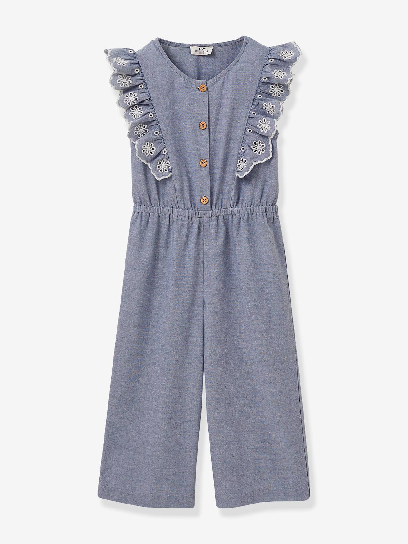 Ruffled, Embroidered Jumpsuit for Girls by CYRILLUS blue