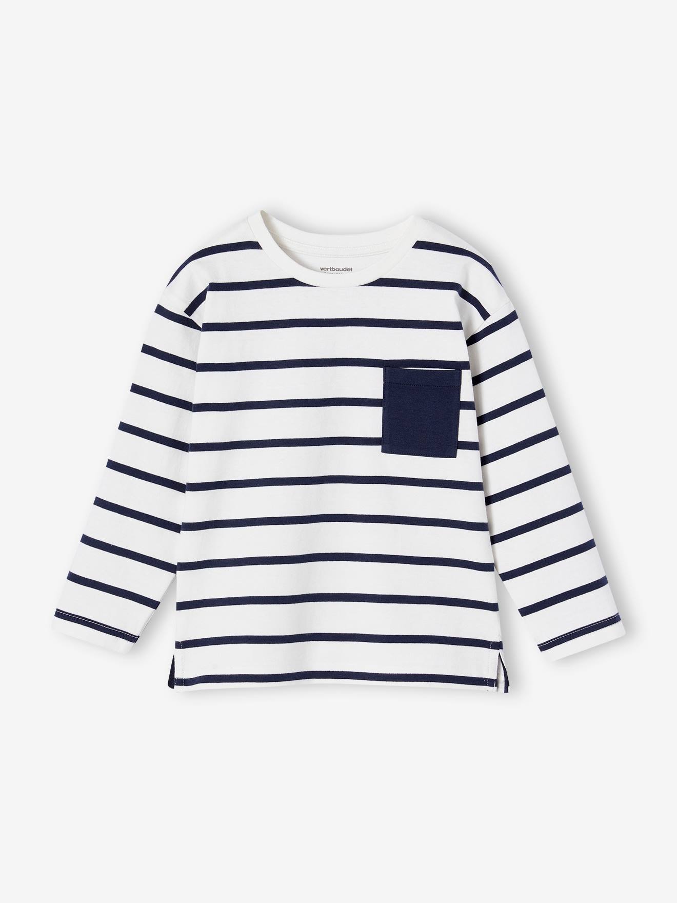 Striped Long Sleeve T-Shirt for Boys ecru, Boys Vertbaudet