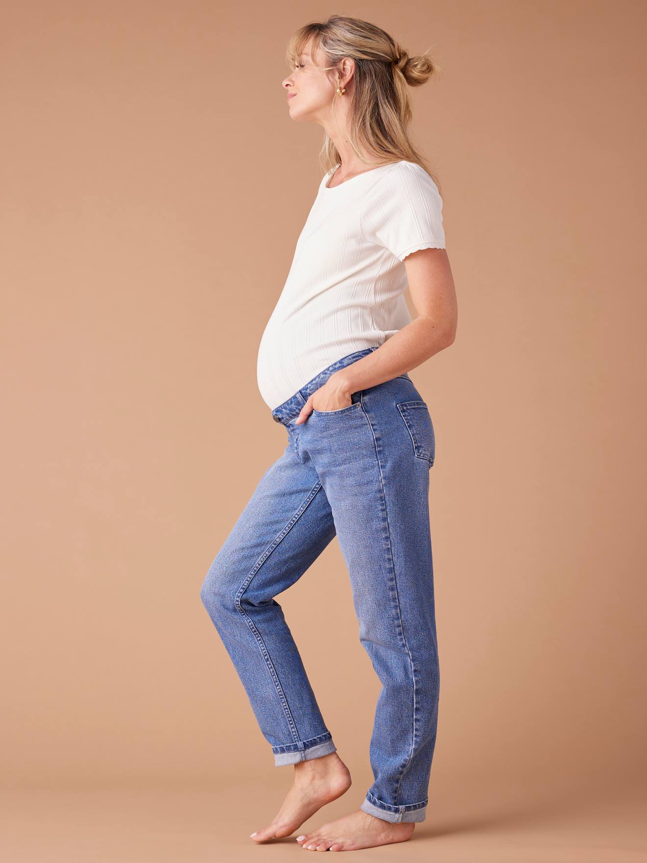 Mom Jeans with Removable Belly Band for Maternity, ENVIE DE FRAISE stone,  Maternity Vertbaudet