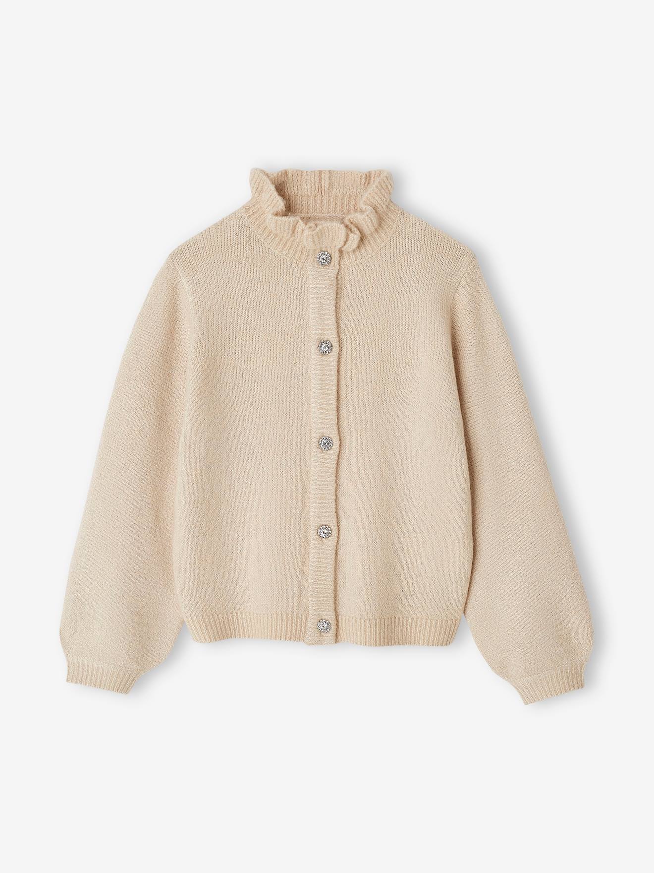 Cardigan with Rhinestone Buttons Fancy Collar for Girls ecru