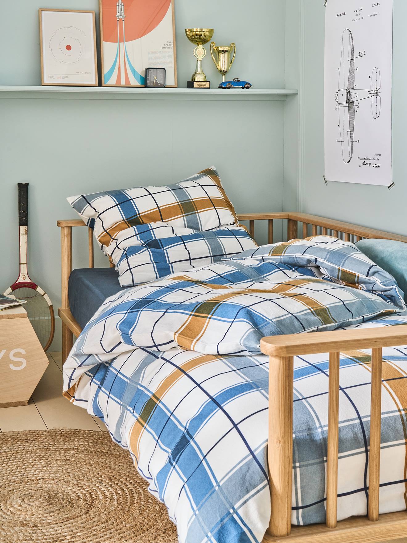 Duvet Cover Pillowcase Set for Children, in Flannel with Recycled Cotton,  Retro Winter striped navy blue