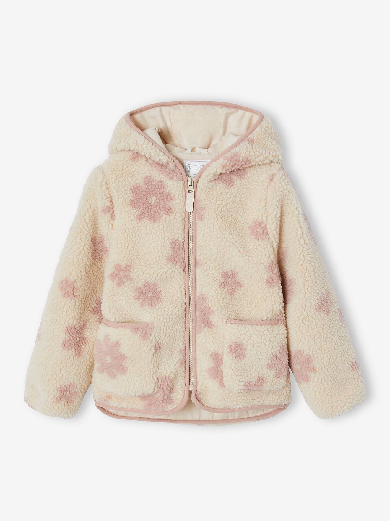 Girls' floral pop hooded sherpa jacket vanilla, Girls Vertbaudet