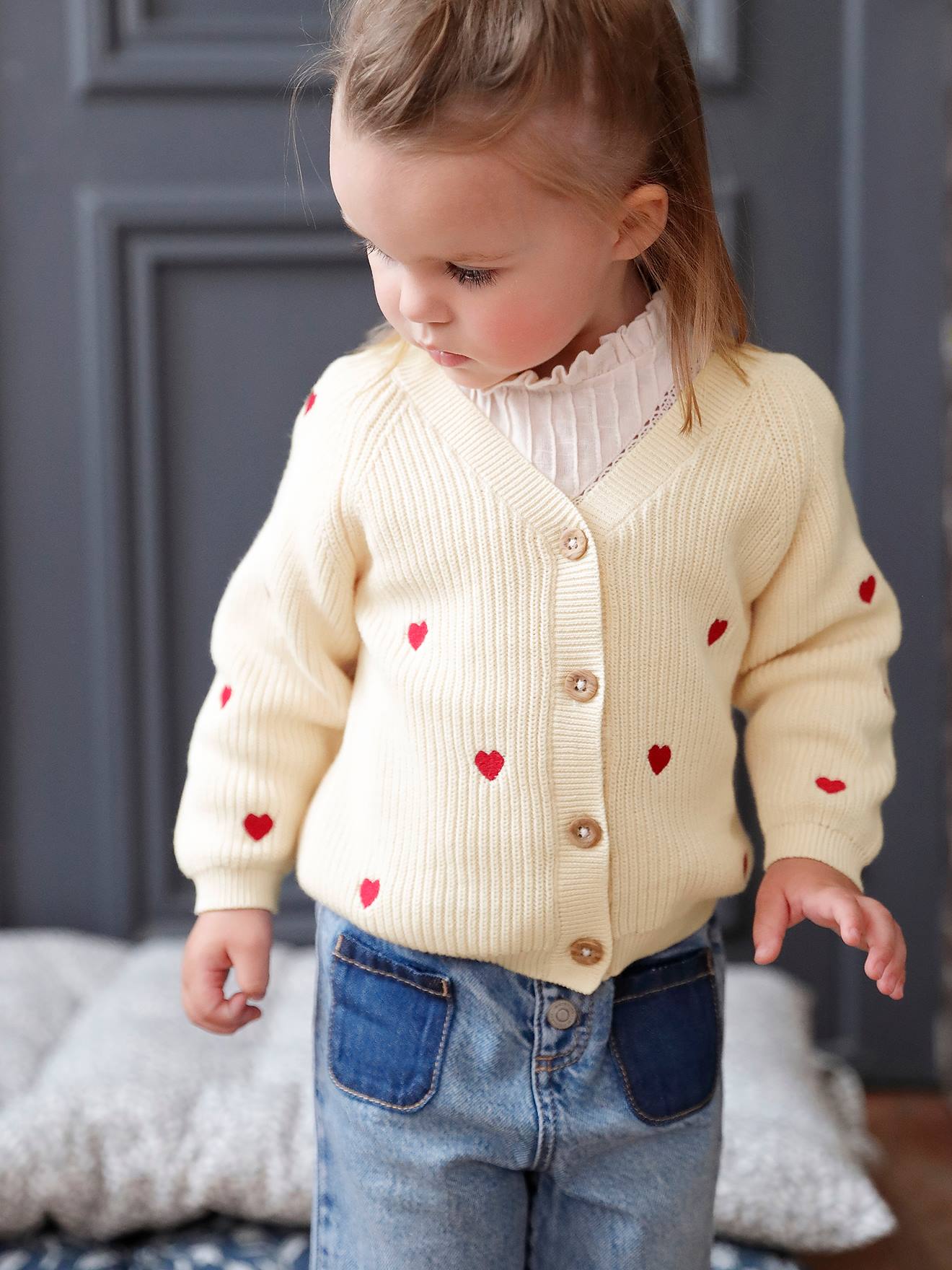 V-Neck, Brioche Stitch Cardigan with Embroidery, for Babies - ecru