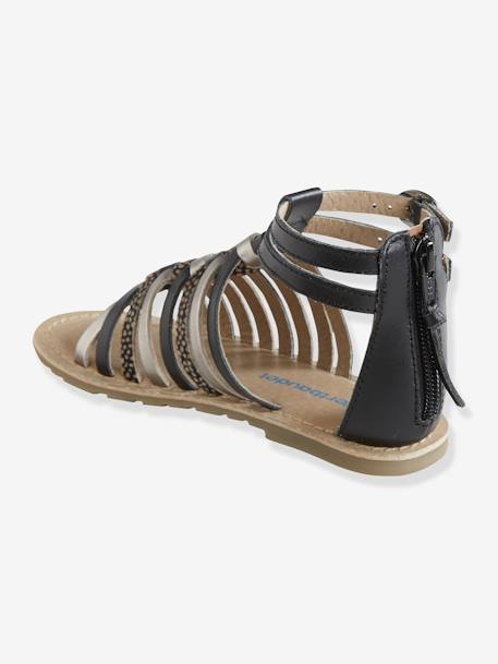 Girls Leather Sandals Black+Silver 