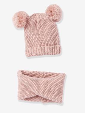 Beanie with Pompoms Crossover Snood Set