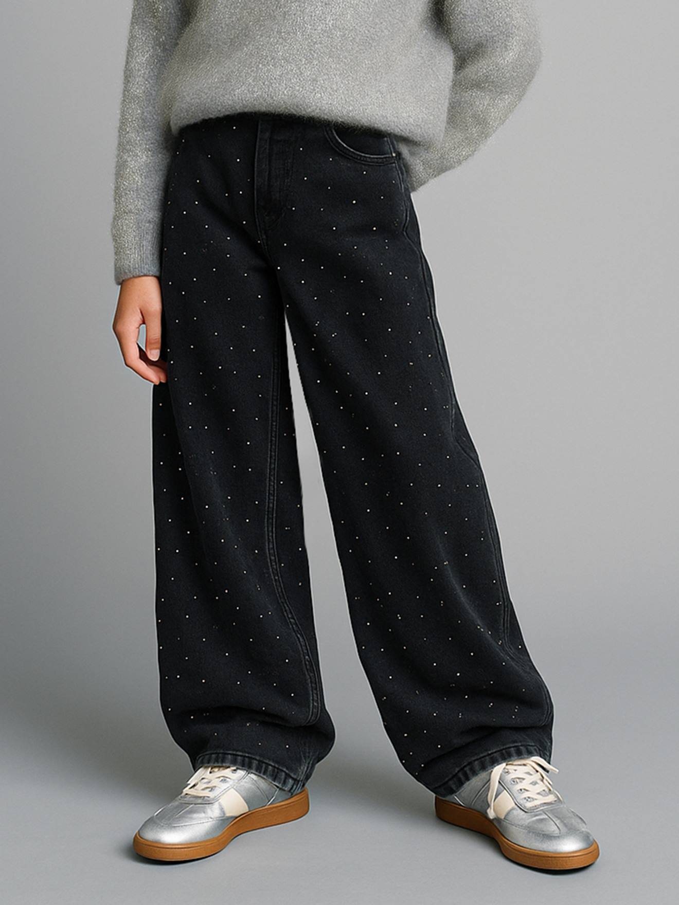 Wide-Leg Jeans with Rhinestones for Girls, JONEN  black denim