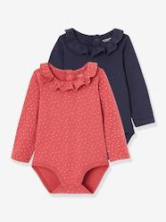 Baby-Bodysuits & Sleepsuits-Pack of 2 Bodysuits for Babies, Peter Pan Collar, Long Sleeves