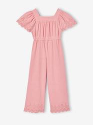 Girls-Dungarees & Playsuits-Embroidered Cotton Gauze Jumpsuit
