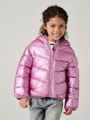 Lightweight hooded puffer jacket with a shimmer effect for girls