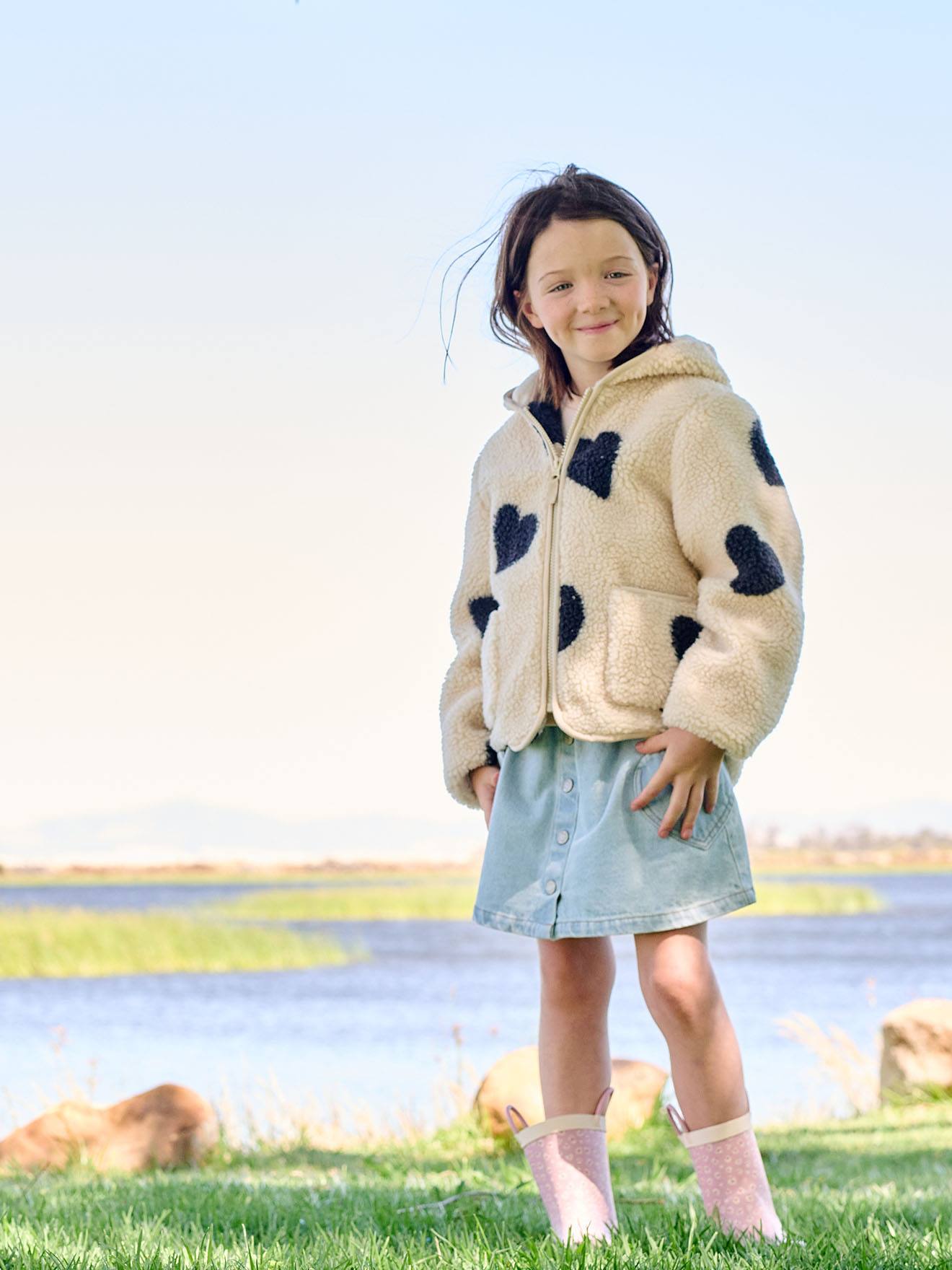 Girls' floral pop hooded sherpa jacket - vanilla, Girls | Vertbaudet