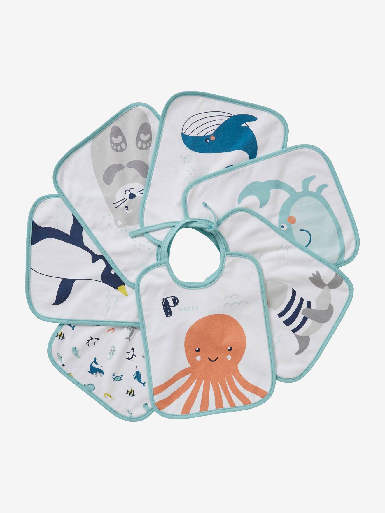 Pack of 7 Bibs for Babies, Sea Animals, by VERTBAUDET white
