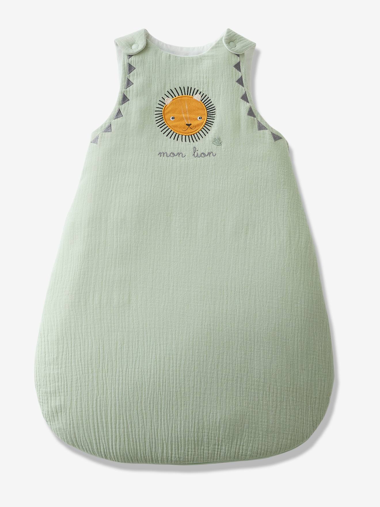 Sleeveless Baby Sleep Bag in Cotton Gauze, "Mon Lion" green