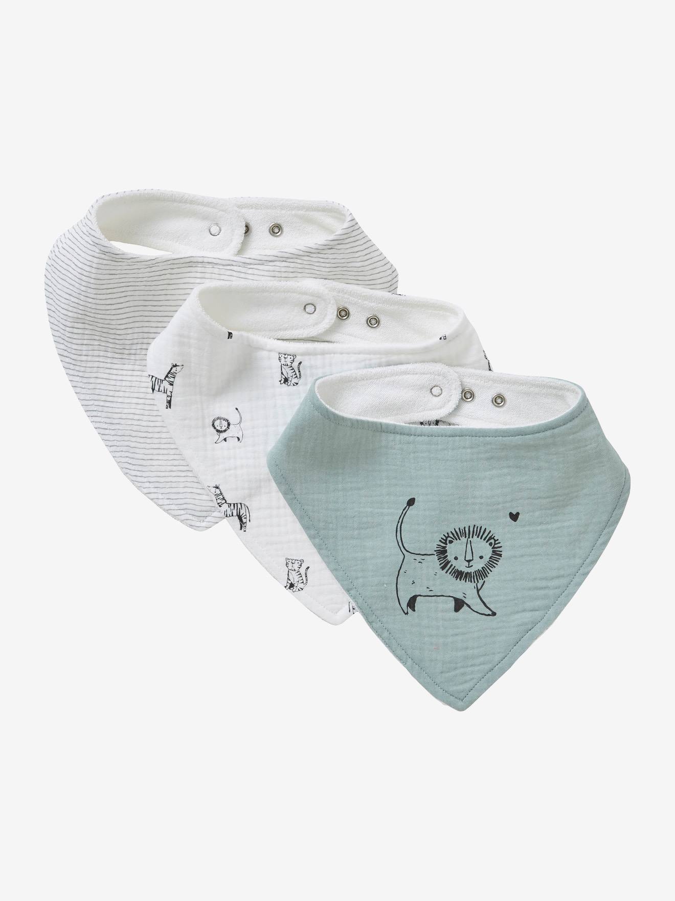 3 Bandana-Style Bibs in Cotton Gauze white/print