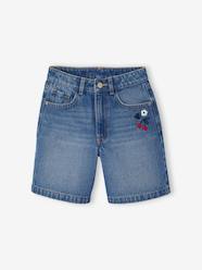 Girls-Embroidered floral denim shorts 
