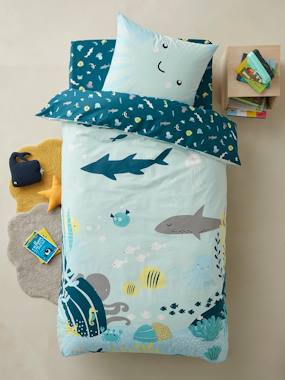 Image of Children's Duvet Cover + Pillowcase Set, FONDS MARINS light blue