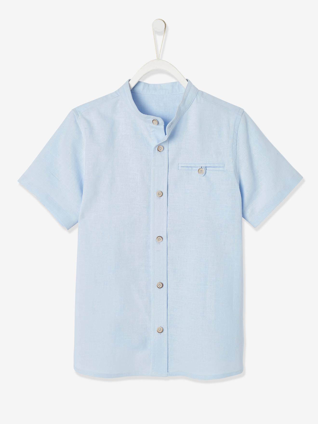 Short-Sleeved Shirt with Mandarin Collar in Cotton Linen