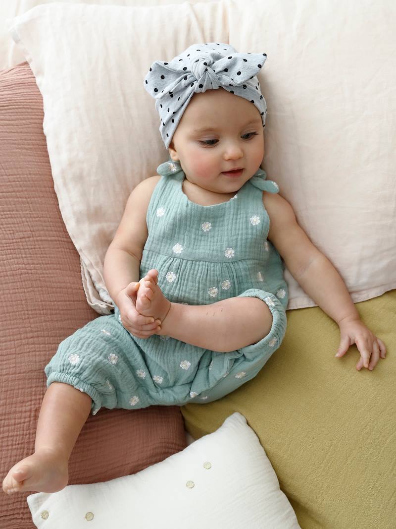 Jumpsuit for Newborn Babies, Embroidery in Cotton Gauze light green/print, Baby Vertbaudet