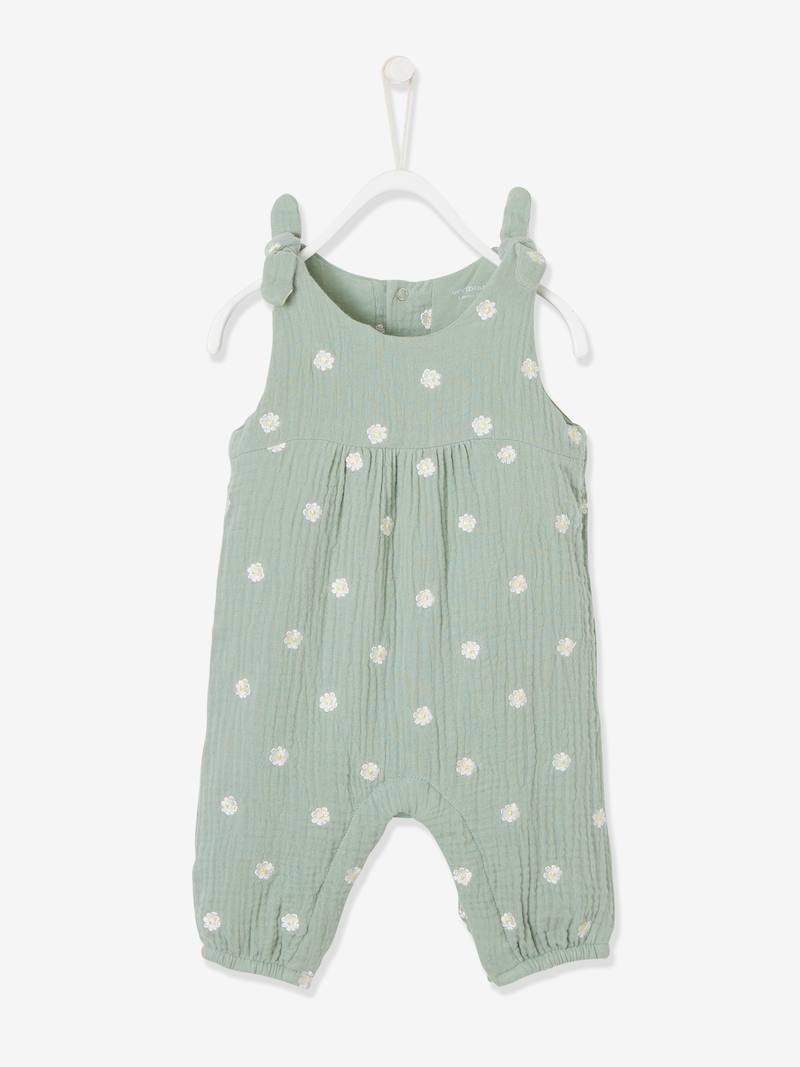 Jumpsuit for Newborn Babies, Embroidery in Cotton Gauze light green/print, Baby Vertbaudet