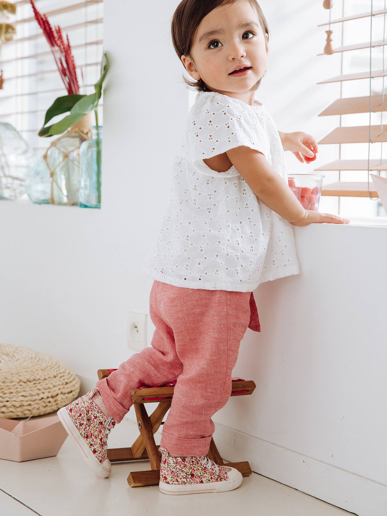Trousers In Linen Cotton For Baby Girls Pink Baby Vertbaudet