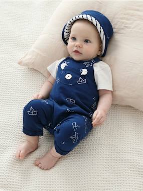 Newborn Baby Ensemble Hat Bodysuit and Dungarees dark print