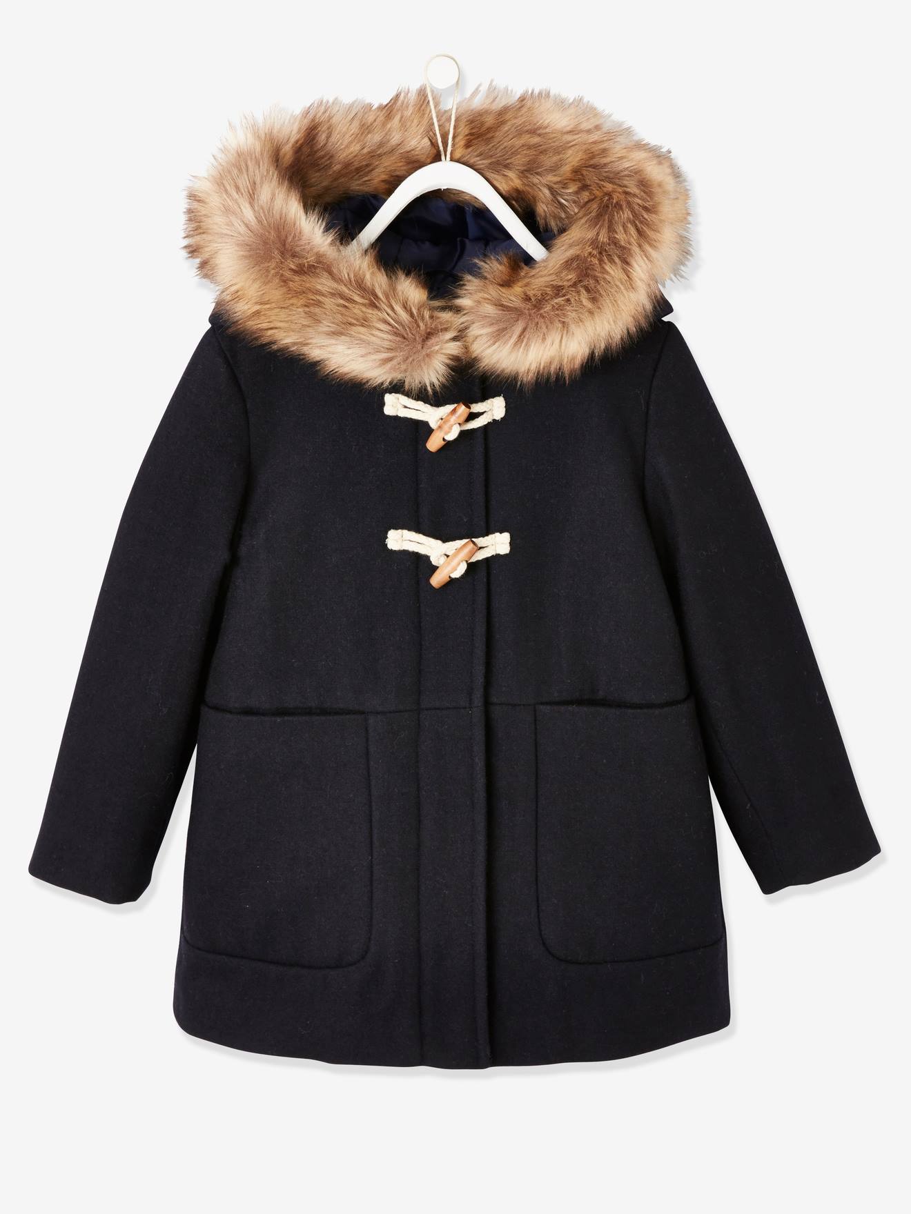 Hooded Duffel Coat with Toggles, in Woollen Fabric, for Girls dark blue