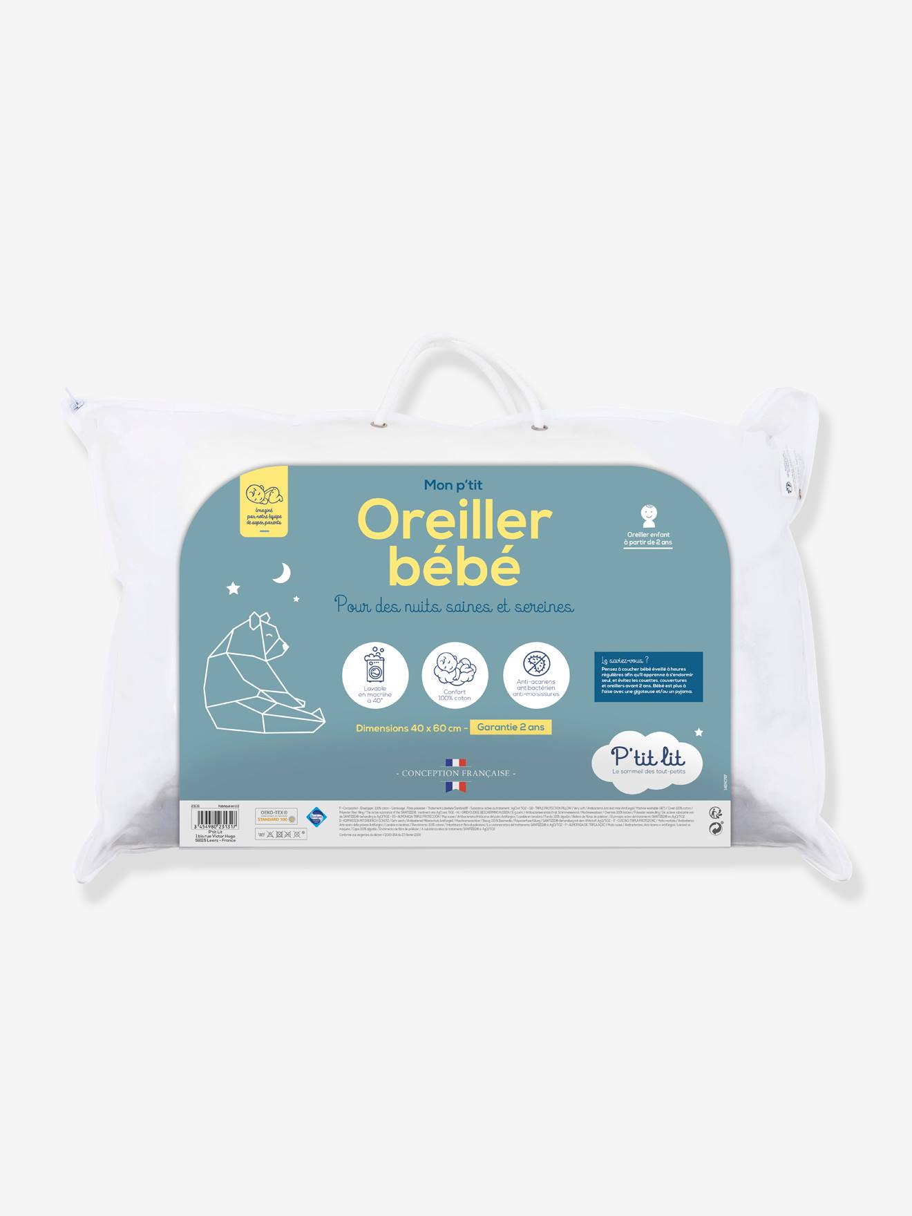 Anti Dust Mites Pillow 40 X 60 Cm P Tit Lit White Bedroom Furniture Storage Vertbaudet