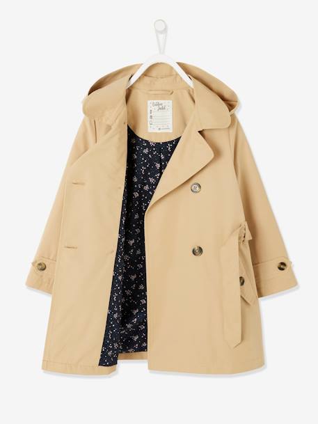 Trench Coat with Printed Lining in Hood for Girls Beige+Dark Blue 
