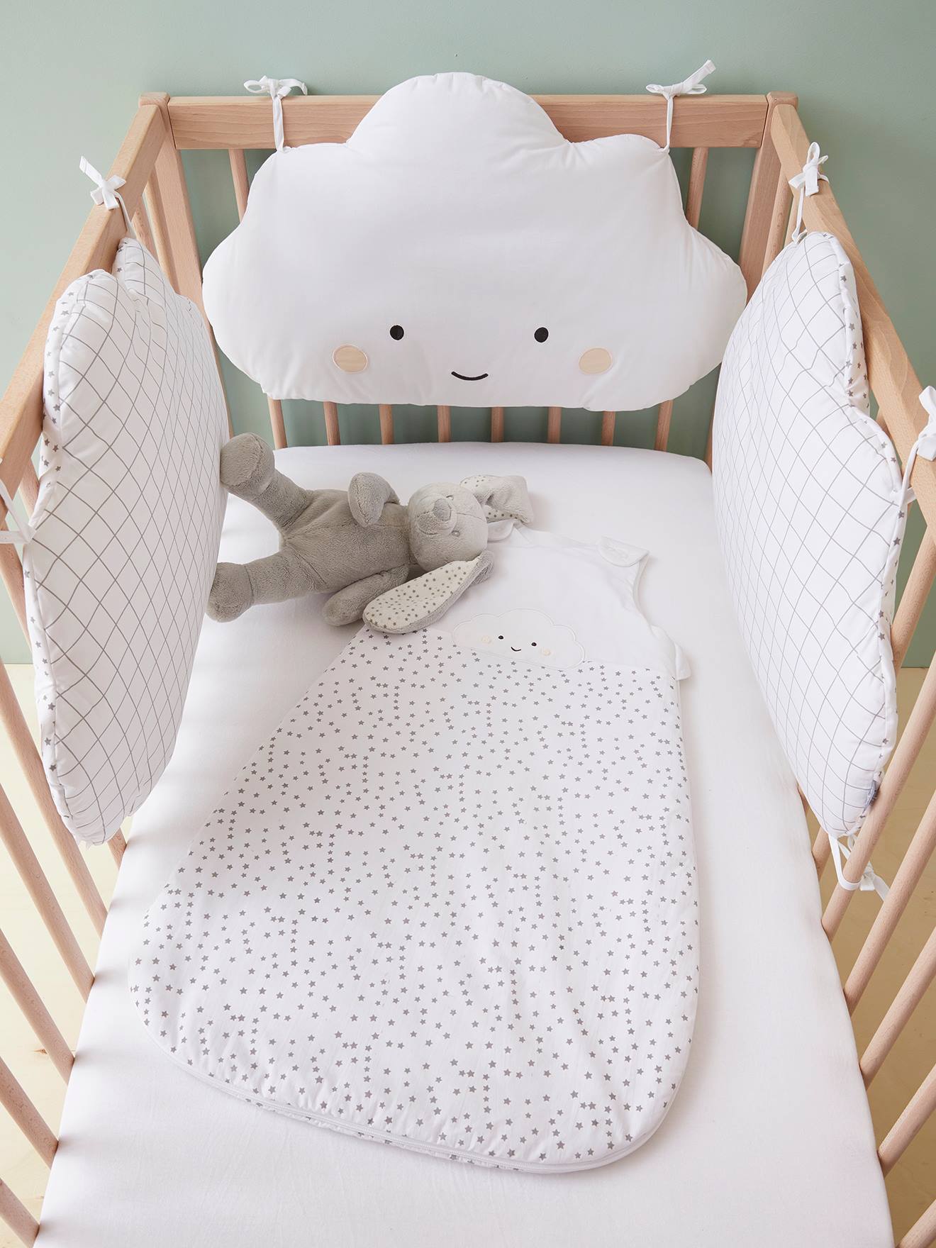 Baby Bedding Bumper 180 cm moitié COT S Gris Étoiles Sur Blanc 