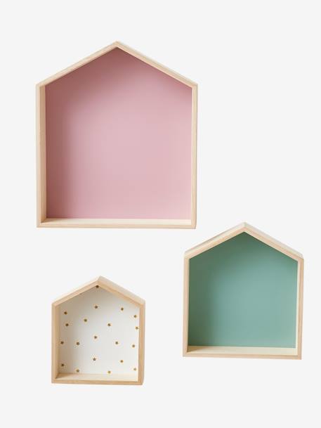 Set of 3 House-Shaped Shelves Blue+Light Blue+Pink 