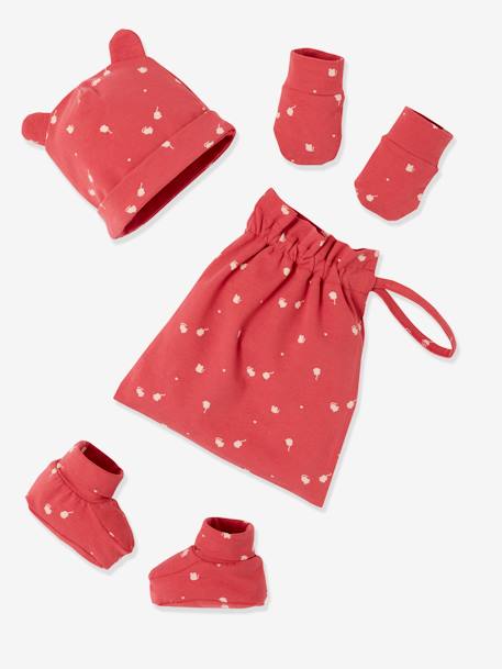 Beanie + Booties + Mittens Set with Pouch, for Babies Blue/Print+Dark Pink/Print+Pink/Print 