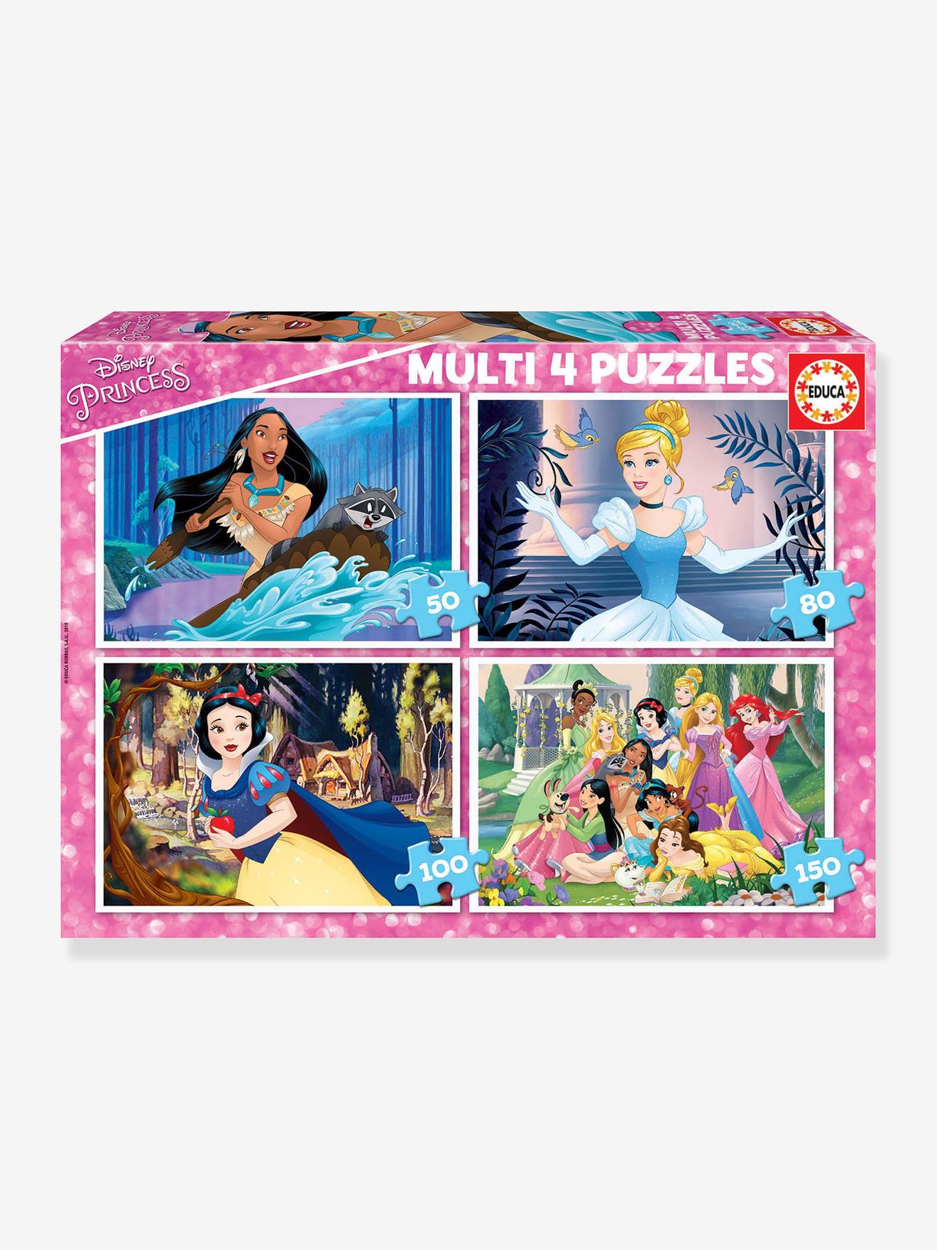 Set of 4 Progressive Puzzles, 50 to 150 Pieces, Disney(r) Princesses, by EDUCA pink