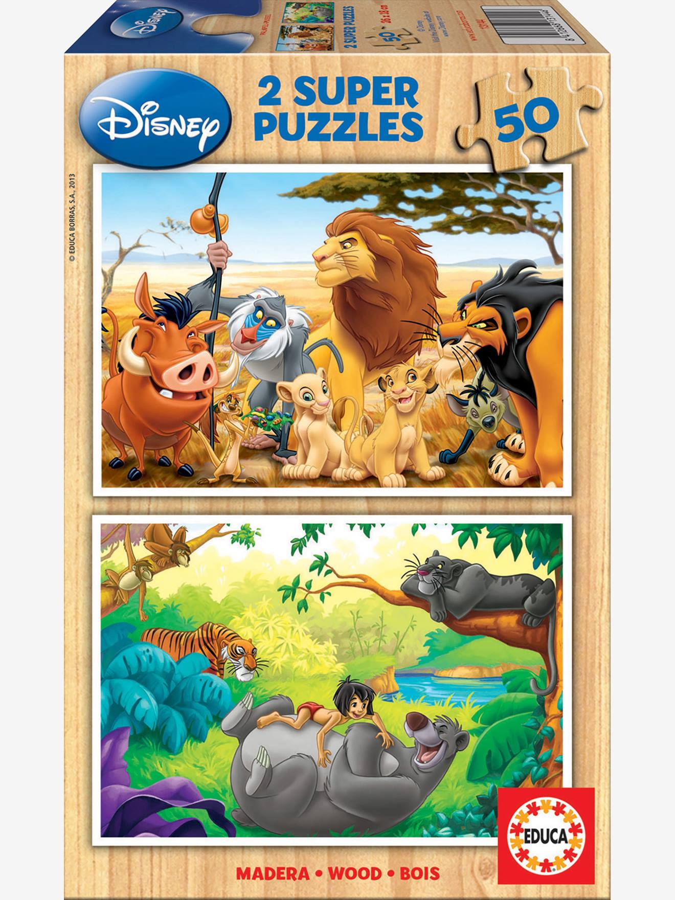 Set of 2 Wooden Puzzles, 50 Pieces, Disney(r) Animals Friends, The Lion King + The Jungle Book, by EDUCA green