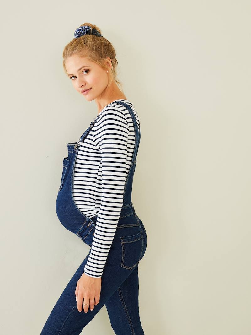 Maternity Dungarees in Stretch Denim dark blue, Maternity Vertbaudet