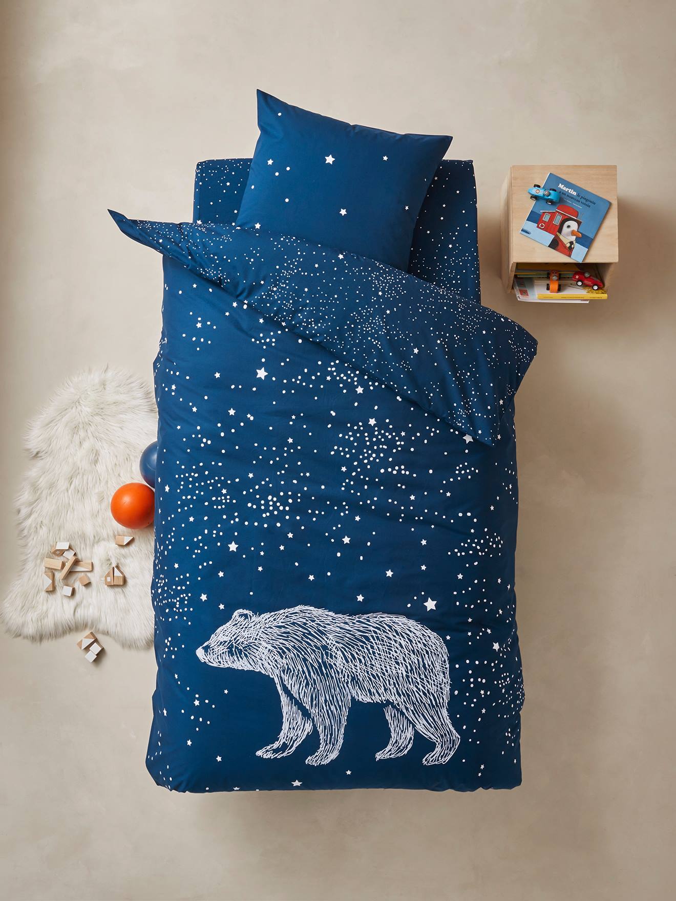 Duvet Cover + Pillowcase Set for Children, Glow-in-the-Dark Details, POLAR BEAR dark blue