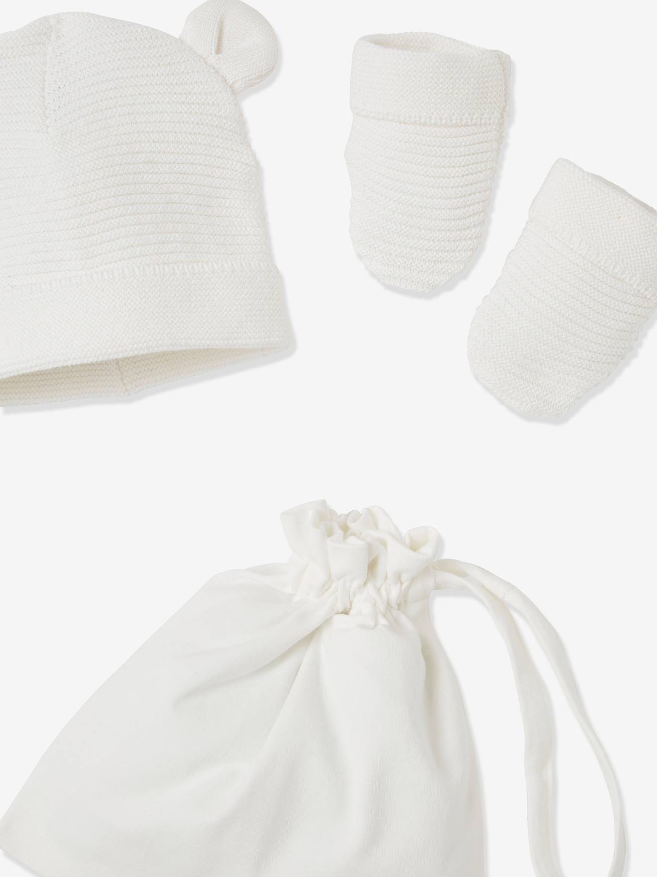 Beanie Mittens Booties Set Matching Pouch Oeko Tex For Newborn Babies White Baby Vertbaudet
