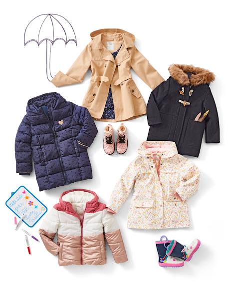 Hooded Duffel Coat with Toggles, in Woollen Fabric, for Girls Dark Blue+RED DARK SOLID WITH DESIGN 