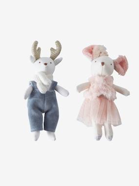 Set of 2 Linen Dolls Little Mouse Reindeer multi