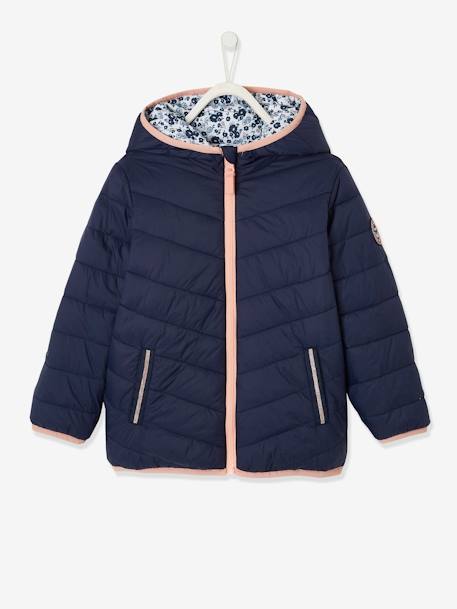 Reversible Lightweight Padded Jacket with Padding in Recycled Polyester, for Girls Dark Blue+GREY DARK ALL OVER PRINTED+PINK BRIGHT ALL OVER PRINTED+Red/Print 