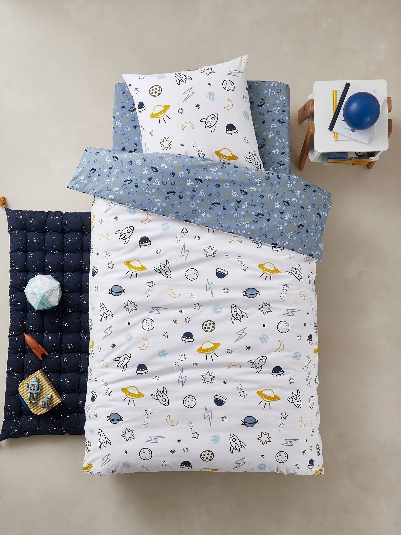 Children’s Duvet Cover + Pillowcase Set Basics, Cosmos Theme blue/print