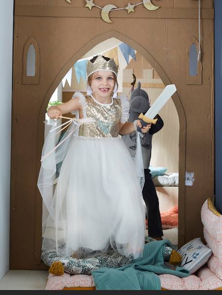 Princess Costume with Veil & Crown Gold+Pink 