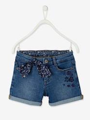 Summer Selection-Denim Shorts with Floral Print & Embroidered Bow, for Girls